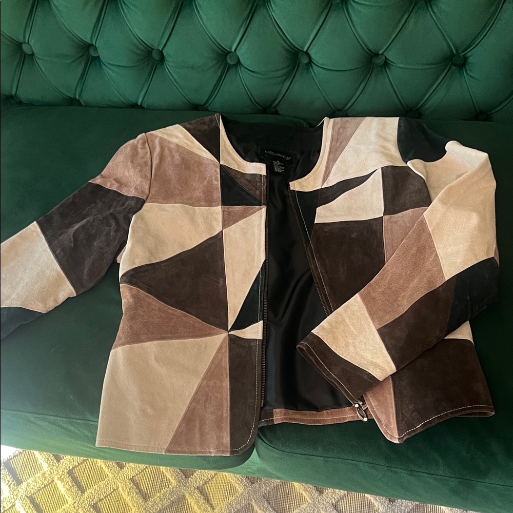 Leather Geometric Patchwork Jacket - Brown, Black, Cream